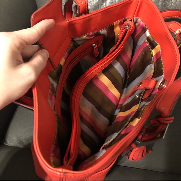 Coral Striped Tote Bag Pocketbook Purse - Picture 2 of 6